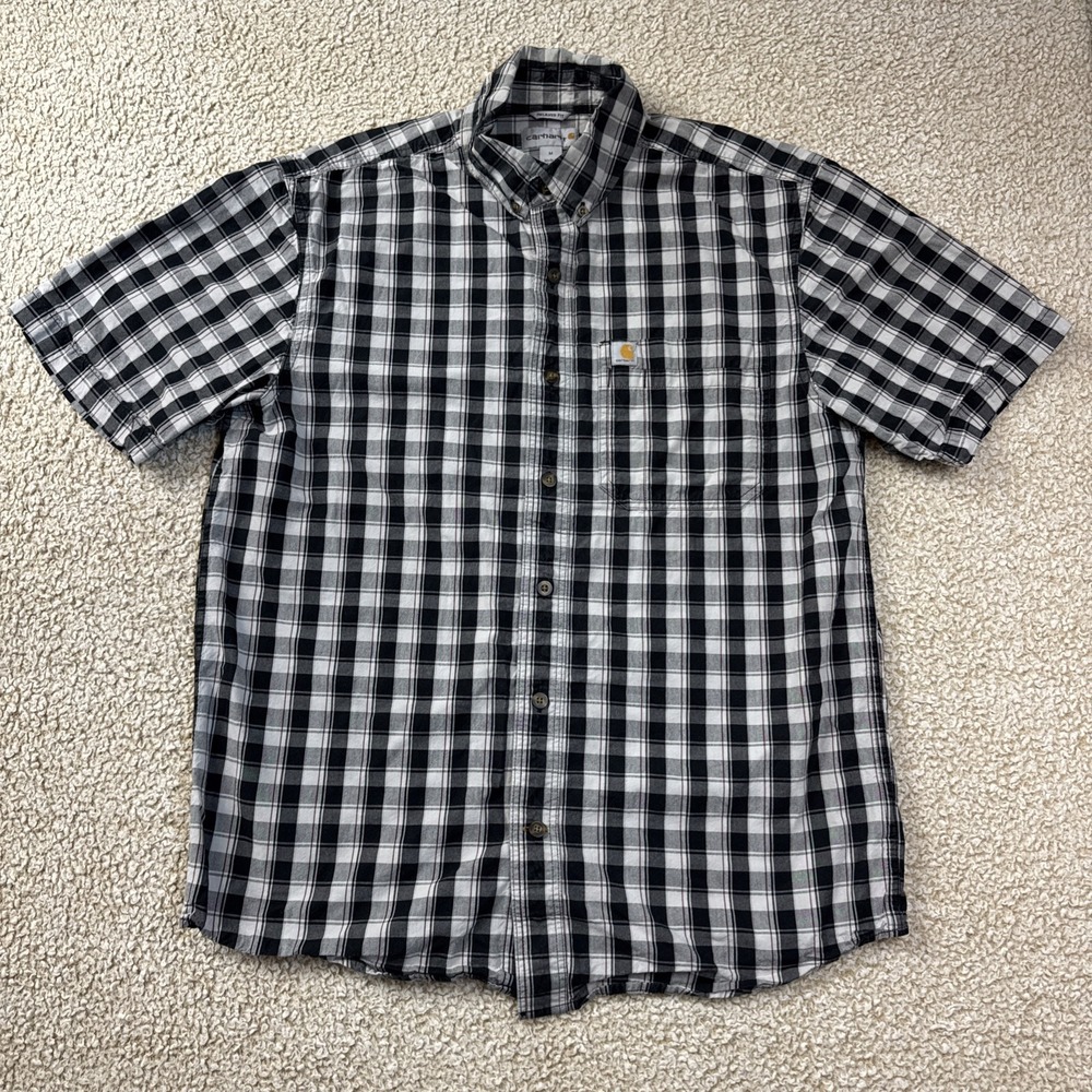 Carhartt Men's Medium Relaxed Fit Casual Button Down Shirt Gray Plaid Check